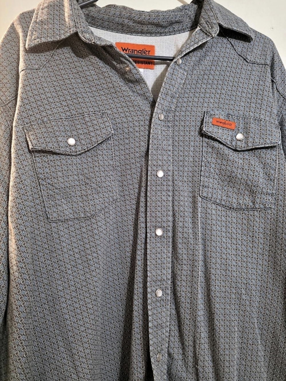 Wrangler FR Flame Resistant Geometric Print Western Work Shirt Gray & Blue 2XL